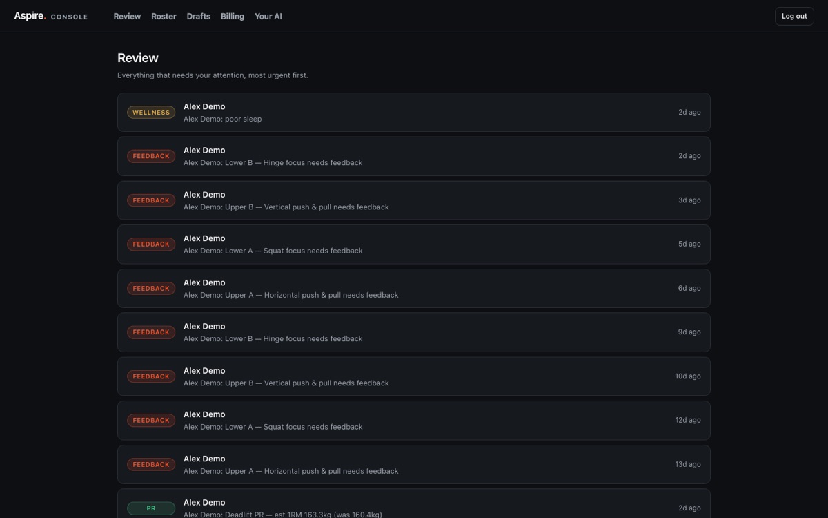 Coach console review queue: wellness flags, sessions awaiting feedback, new PRs