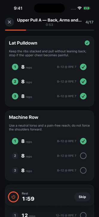 A live workout in Aspire: four of seventeen sets done, rest timer counting down