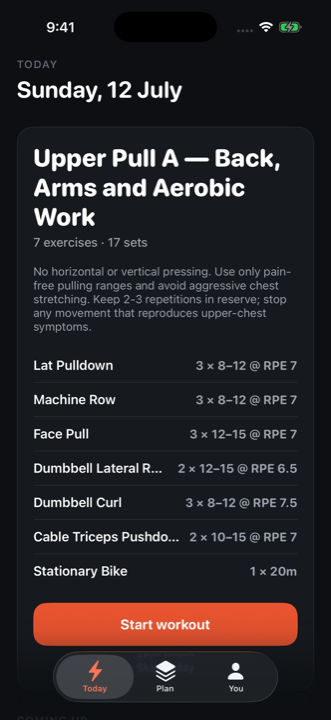 Aspire's Today screen: a generated session, Upper Pull A, with injury-aware coaching notes and a Start workout button