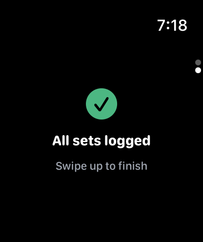The Apple Watch companion confirming: all sets logged