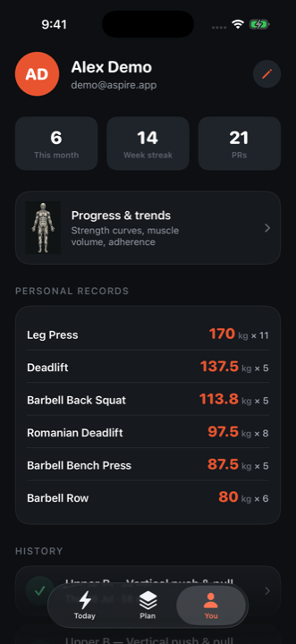 The You screen: week streak, personal records for leg press, deadlift, squat